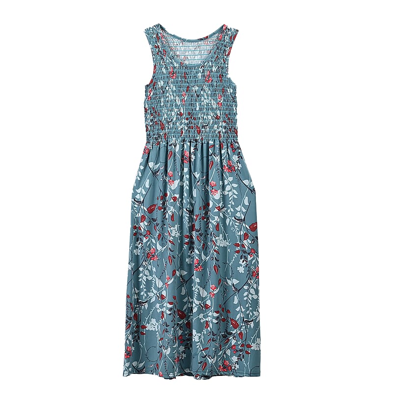 Mint Floral Smocked Sleeveless Double Knit Dress with Waist Tie - One Size Fits Most