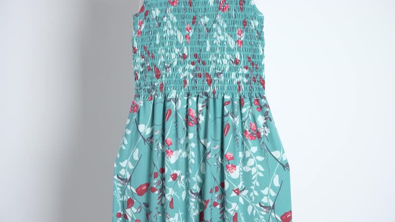Mint Floral Smocked Sleeveless Double Knit Dress with Waist Tie - One Size Fits Most
