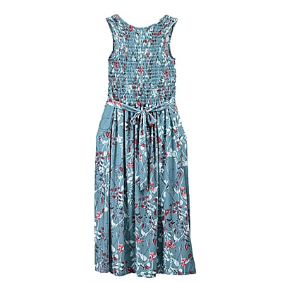 Mint Floral Smocked Sleeveless Double Knit Dress with Waist Tie - One Size Fits Most