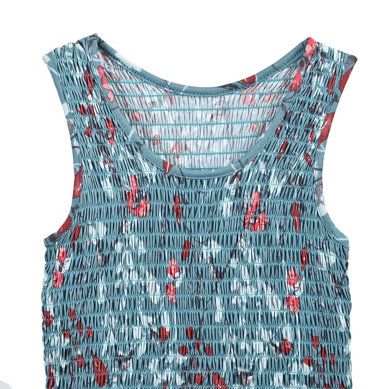 Mint Floral Smocked Sleeveless Double Knit Dress with Waist Tie - One Size Fits Most