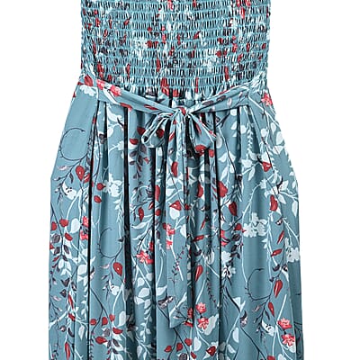 Mint Floral Smocked Sleeveless Double Knit Dress with Waist Tie - One Size Fits Most