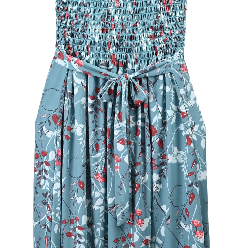 Mint Floral Smocked Sleeveless Double Knit Dress with Waist Tie - One Size Fits Most