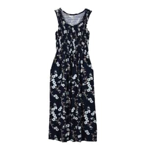 Navy Floral Smocked Sleeveless Double Knit Dress with Waist Tie - One Size Fits Most