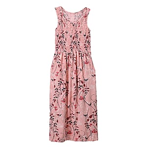 Pink Floral Smocked Sleeveless Double Knit Dress with Waist Tie - One Size Fits Most
