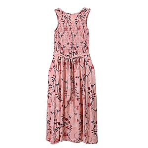 Pink Floral Smocked Sleeveless Double Knit Dress with Waist Tie - One Size Fits Most