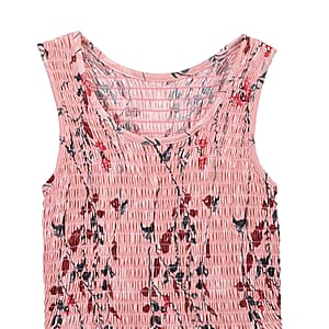 Pink Floral Smocked Sleeveless Double Knit Dress with Waist Tie - One Size Fits Most