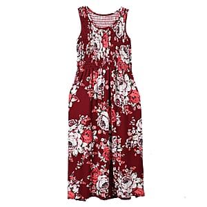Burgundy Rose Smocked Sleeveless Double Knit Dress with Waist Tie - One Size Fits Most