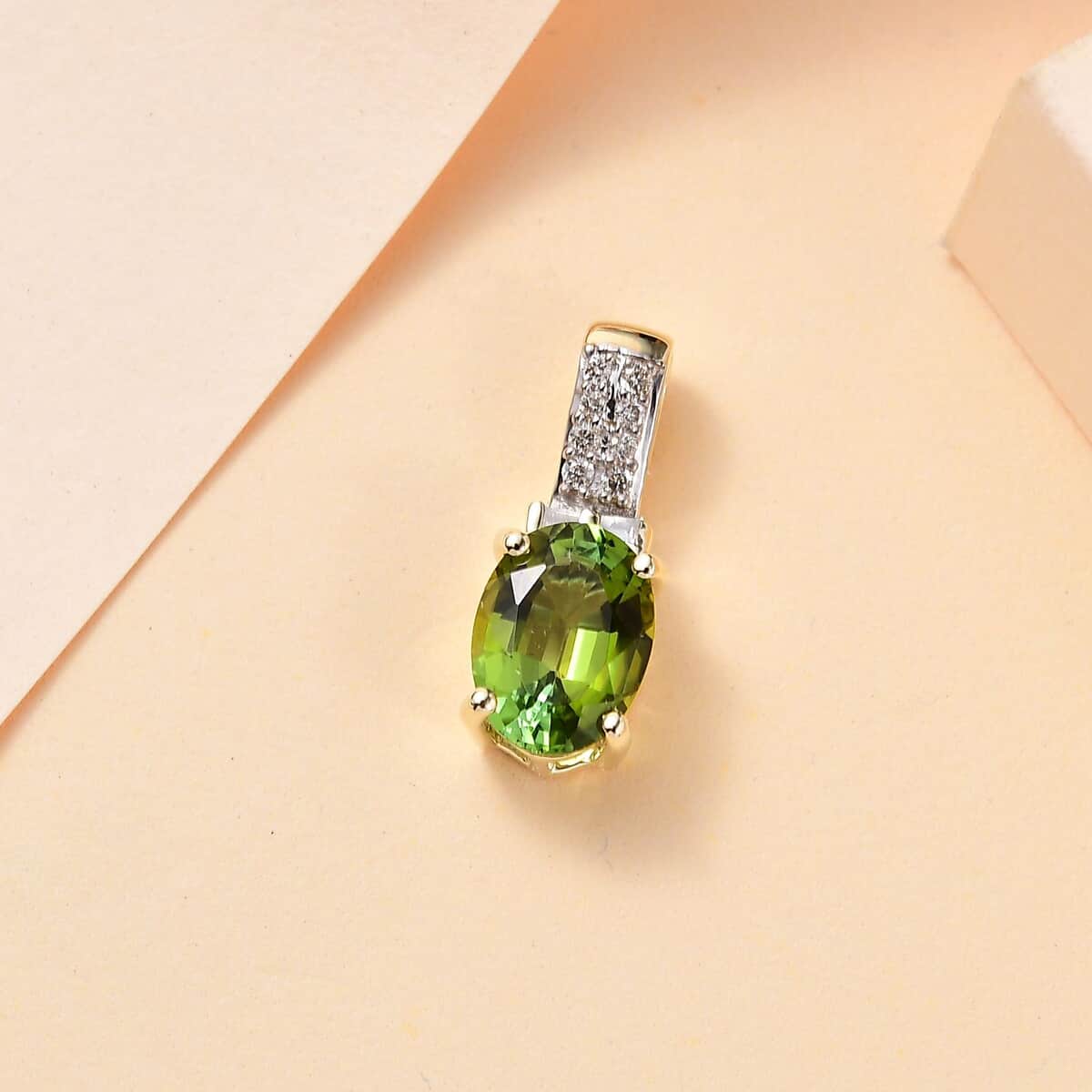 Luxoro 14K Green Gold AAA Natural Arikanga Tourmaline and I2 Diamond Pendant 1.30 ctw image number 1