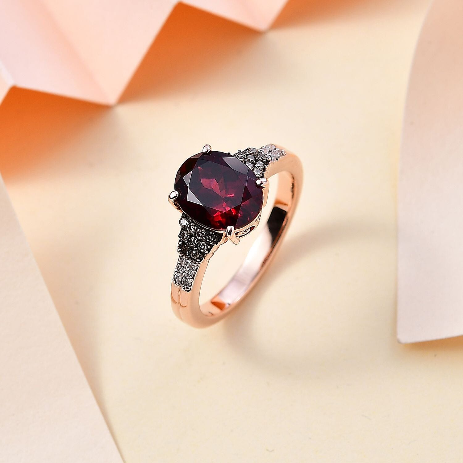 Premium Orissa Rhodolite Garnet, Natural Champagne and White Diamond Ring in 18K Vermeil Rose Gold Over Sterling Silver (Size 10.0) 3.40 ctw