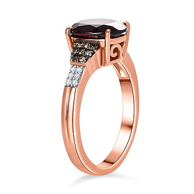 Premium Orissa Rhodolite Garnet, Natural Champagne and White Diamond Ring in 18K Vermeil Rose Gold Over Sterling Silver (Size 10.0) 3.40 ctw