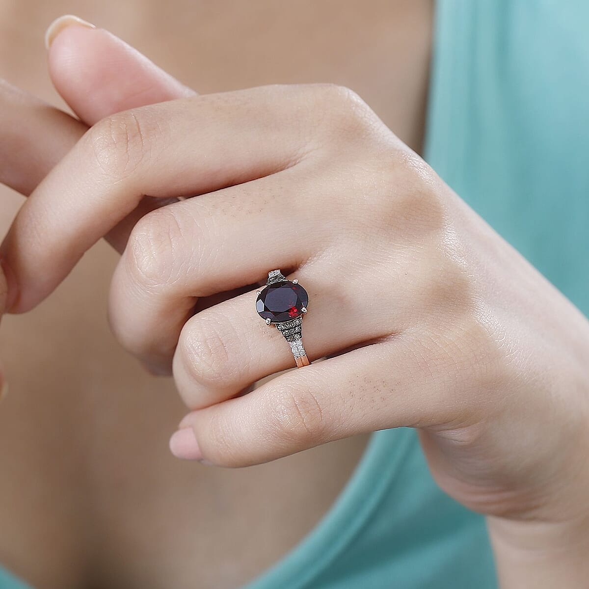 D'Joy Premium Orissa Rhodolite Garnet, Natural Champagne and White Diamond Ring in 18K Vermeil Rose Gold Over Sterling Silver (Size 6.0) 3.40 ctw image number 2