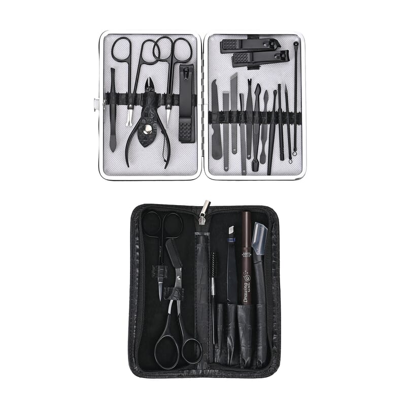 Set of 24pcs - Manicure Kit (18pcs) in Stainless Steel and Grooming Kit (6pcs) with Black Faux Leather Case