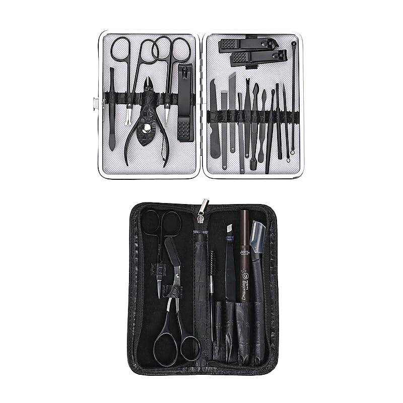 Set of 24pcs - Manicure Kit (18pcs) in Stainless Steel and Grooming Kit (6pcs) with Black Faux Leather Case