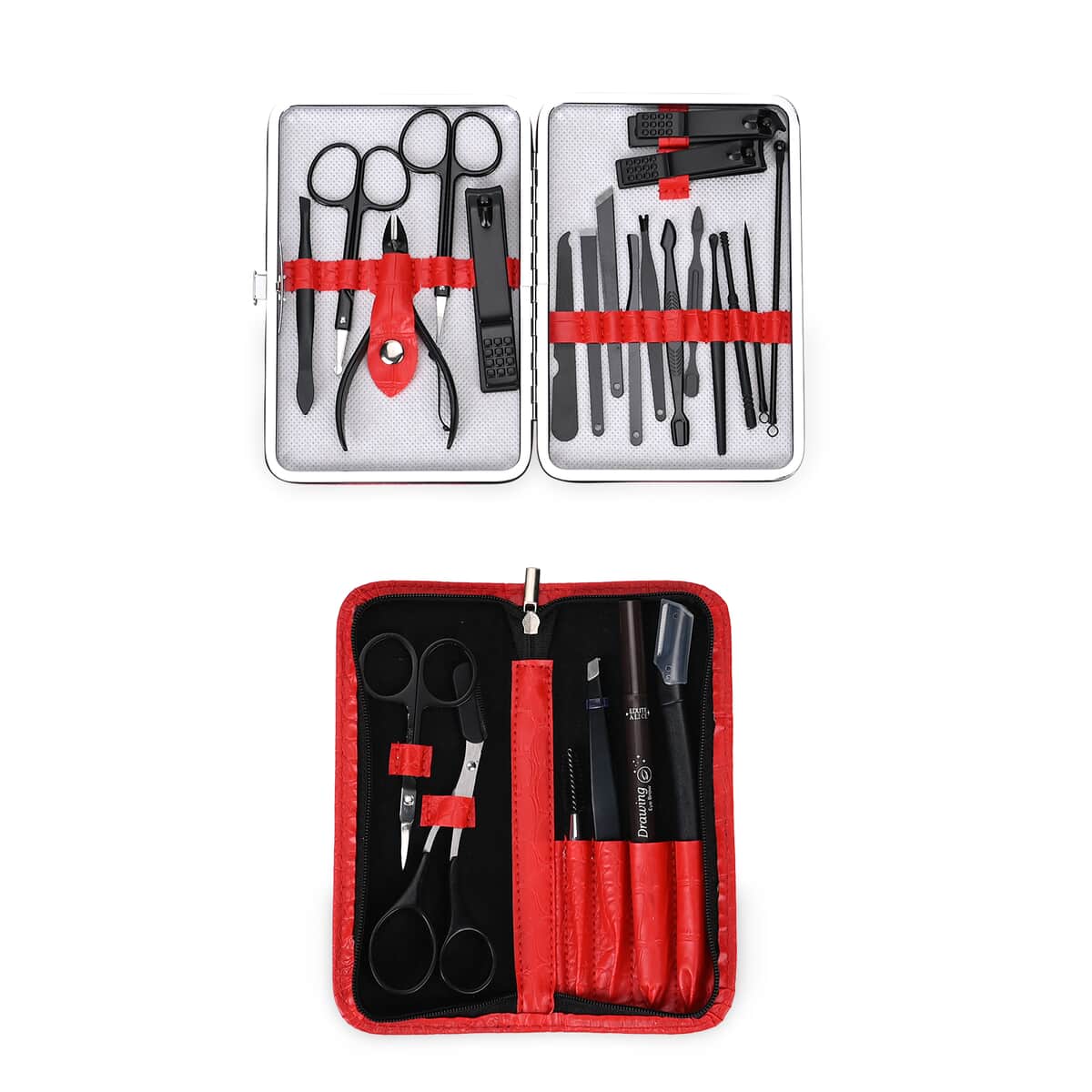 Set of 24pcs - Manicure Kit (18pcs) in Stainless Steel and Grooming Kit (6pcs) with Red Faux Leather Case image number 0