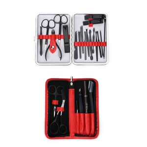 Set of 24pcs - Manicure Kit (18pcs) in Stainless Steel and Grooming Kit (6pcs) with Red Faux Leather Case