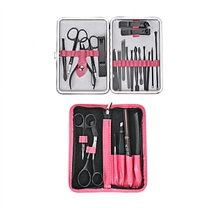 Set of 24pcs - Manicure Kit (18pcs) in Stainless Steel and Grooming Kit (6pcs) with Pink Faux Leather Case