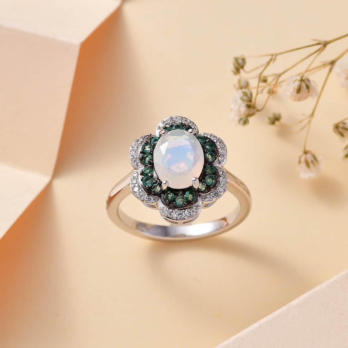 Premium Ethiopian Welo Opal and Multi Gemstone 1.60 ctw Flower Ring in Rhodium Over Sterling Silver (Size 10.0) image number 1