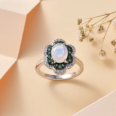 Premium Ethiopian Welo Opal and Multi Gemstone 1.60 ctw Whispering Petals Ring in Rhodium Over Sterling Silver (Size 10.0)