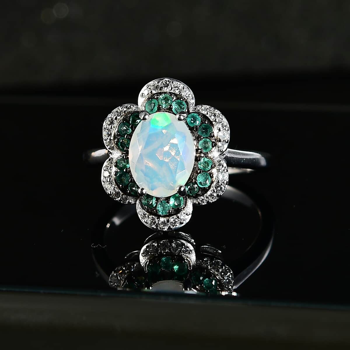 Premium Ethiopian Welo Opal and Multi Gemstone 1.60 ctw Flower Ring in Rhodium Over Sterling Silver (Size 10.0) image number 2