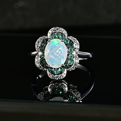 Premium Ethiopian Welo Opal and Multi Gemstone 1.60 ctw Whispering Petals Ring in Rhodium Over Sterling Silver (Size 10.0)