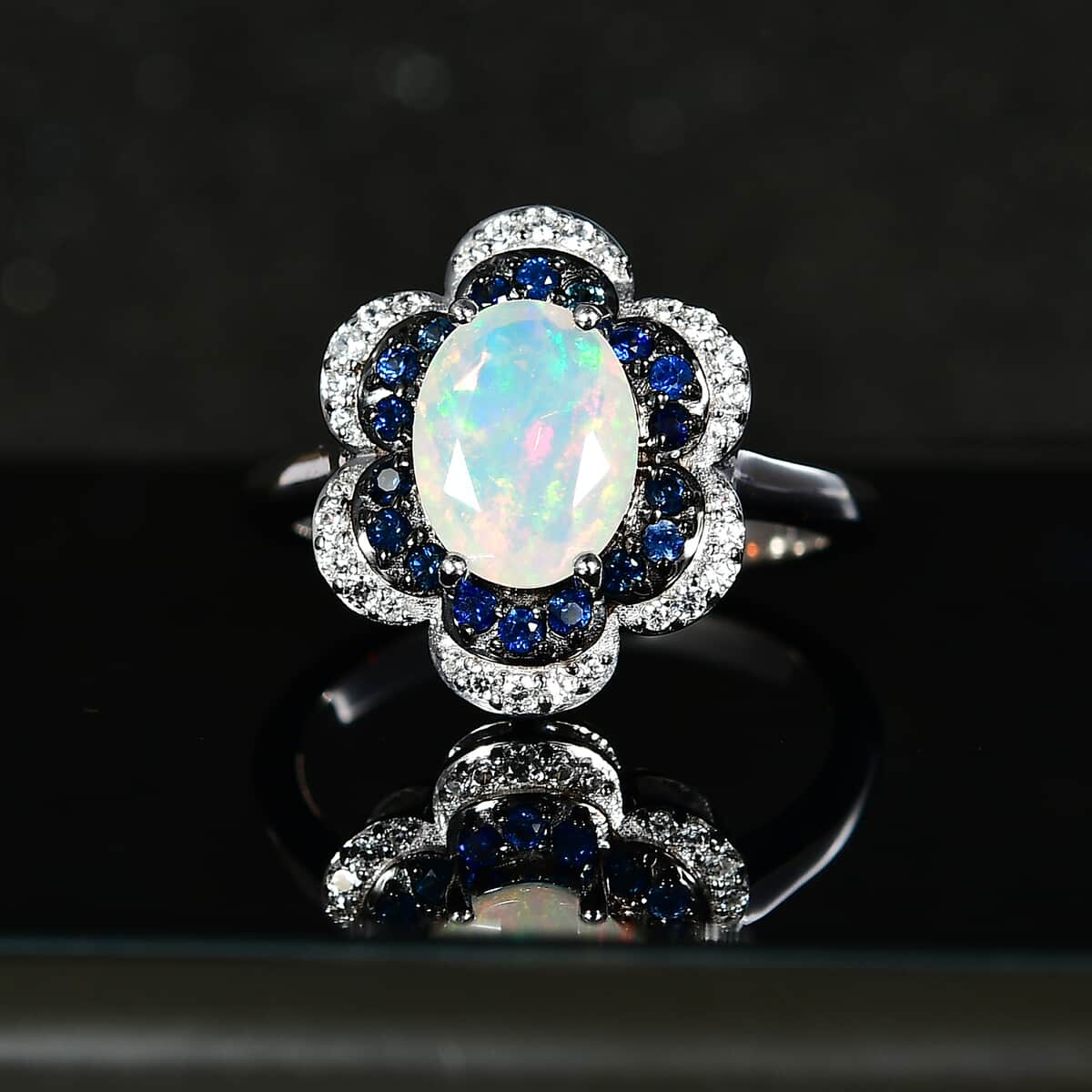 Premium Ethiopian Welo Opal and Multi Gemstone 1.60 ctw Whispering Petals Ring in Rhodium Over Sterling Silver (Size 7.0) image number 2