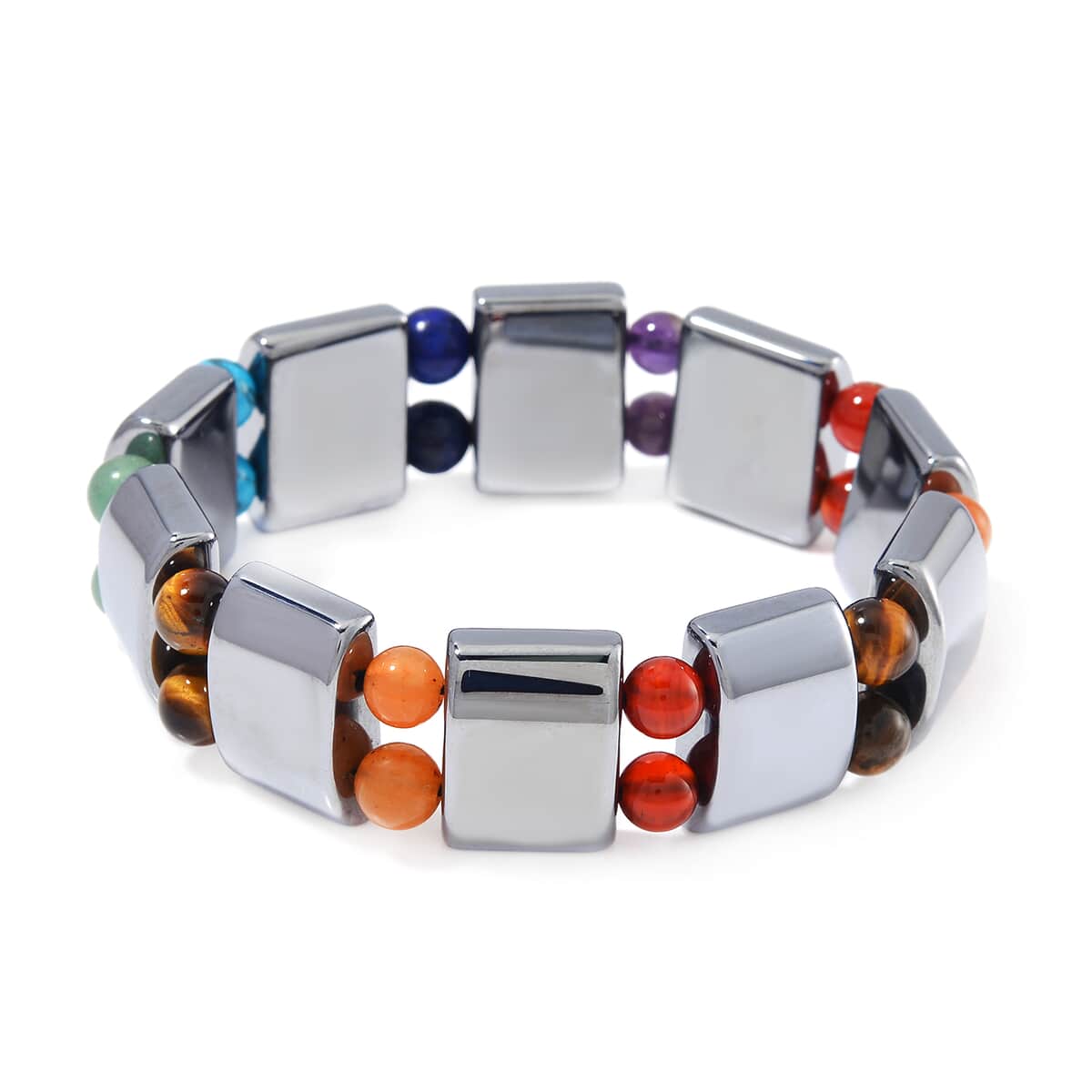 Terahertz and Multi Gemstone 185.00 ctw Seven Chakra Beaded Stretch Bracelet image number 0