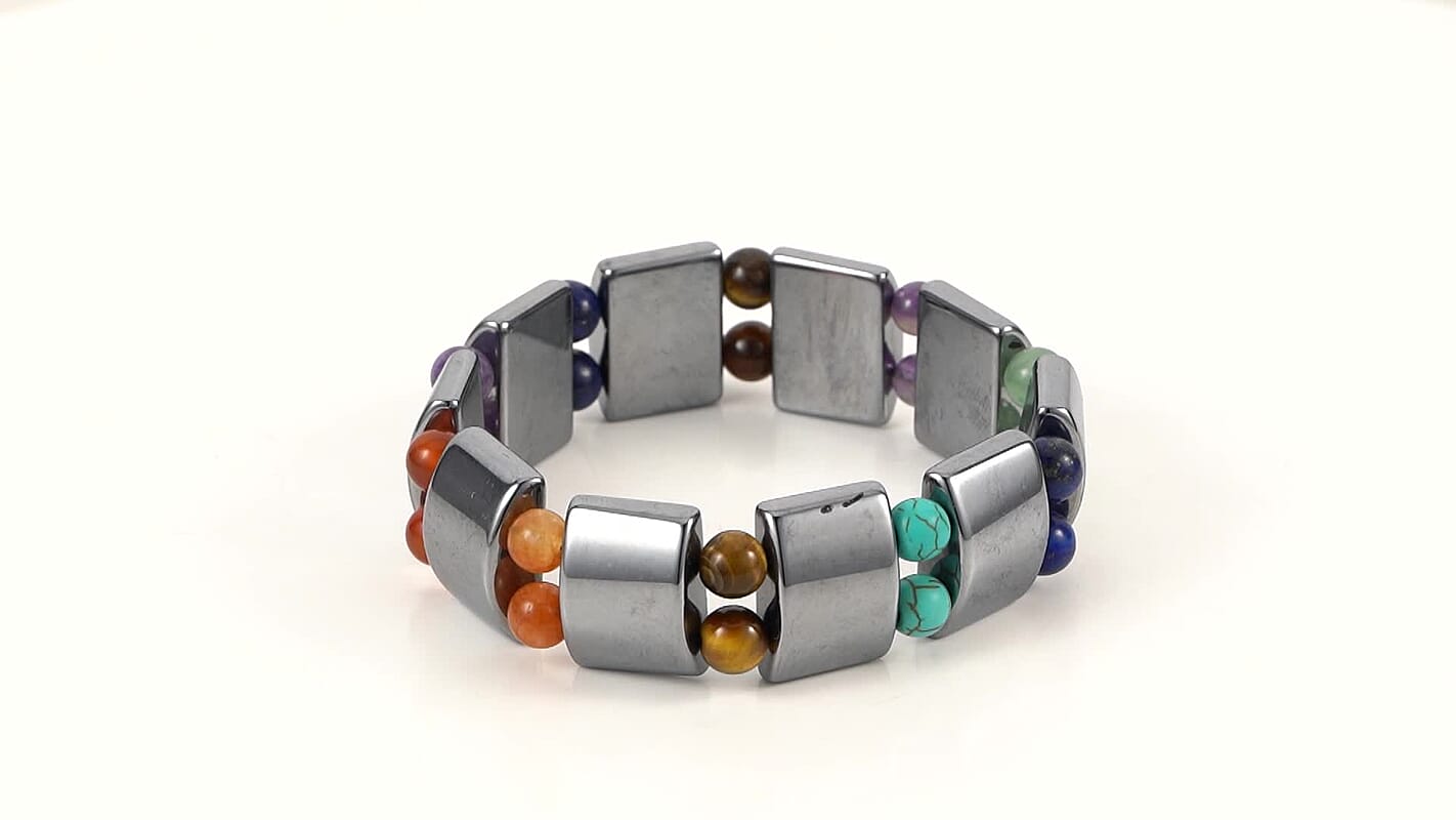 Terahertz and Multi Gemstone 185.00 ctw Seven Chakra Beaded Stretch Bracelet
