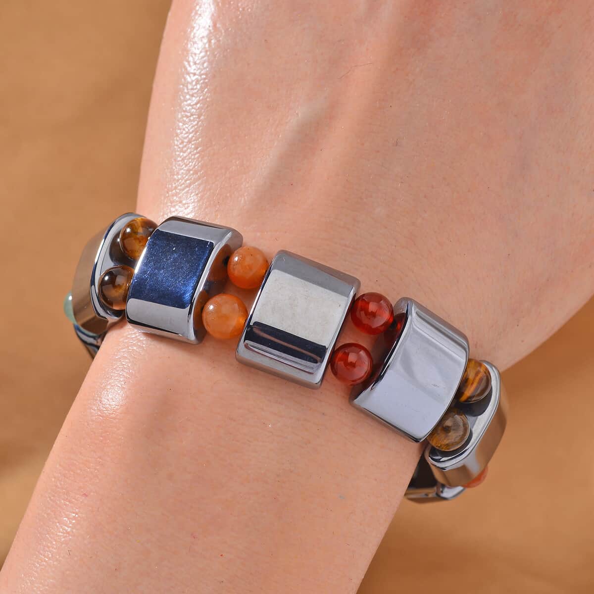 Terahertz and Multi Gemstone 185.00 ctw Seven Chakra Beaded Stretch Bracelet image number 1