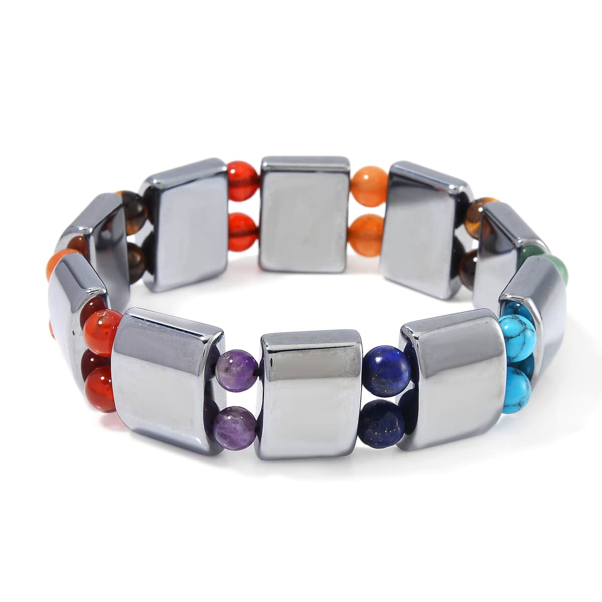 Terahertz and Multi Gemstone 185.00 ctw Seven Chakra Beaded Stretch Bracelet image number 2