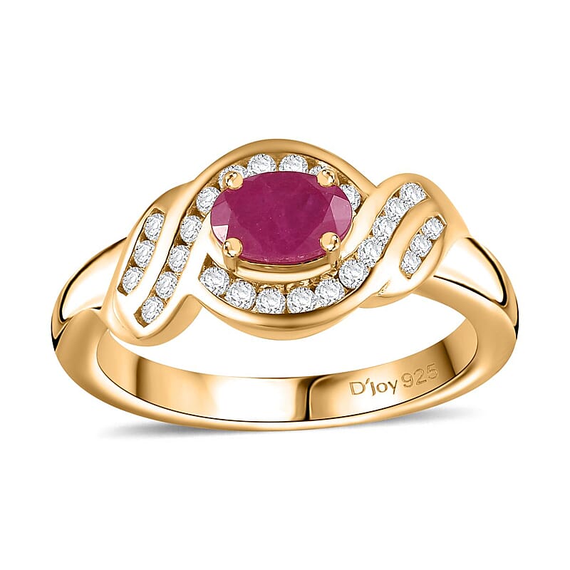 Montepuez Ruby and White Zircon Art Deco Ring in 18K Vermeil Yellow Gold Over Sterling Silver (Size 10.0) 0.90 ctw