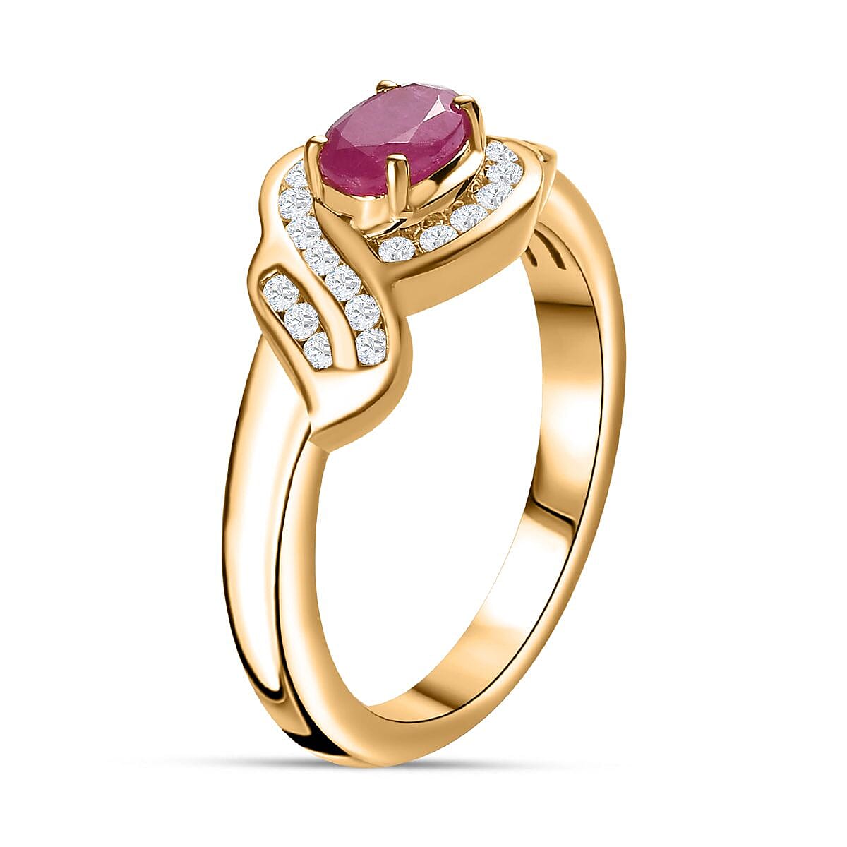 Montepuez Ruby and White Zircon Art Deco Ring in 18K Vermeil Yellow Gold Over Sterling Silver (Size 10.0) 0.90 ctw