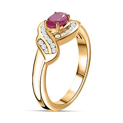 Montepuez Ruby and White Zircon Art Deco Ring in 18K Vermeil Yellow Gold Over Sterling Silver (Size 10.0) 0.90 ctw
