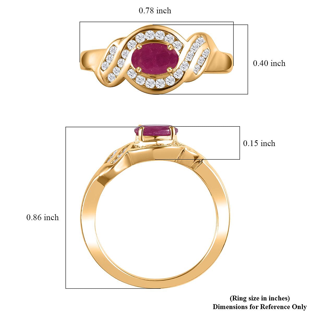 Montepuez Ruby and White Zircon Art Deco Ring in 18K Vermeil Yellow Gold Over Sterling Silver (Size 10.0) 0.90 ctw