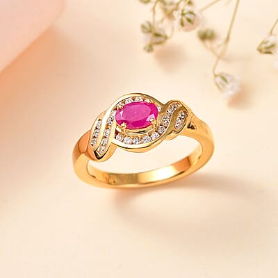 Montepuez Ruby and White Zircon Art Deco Ring in 18K Vermeil Yellow Gold Over Sterling Silver (Size 6.0) 0.90 ctw