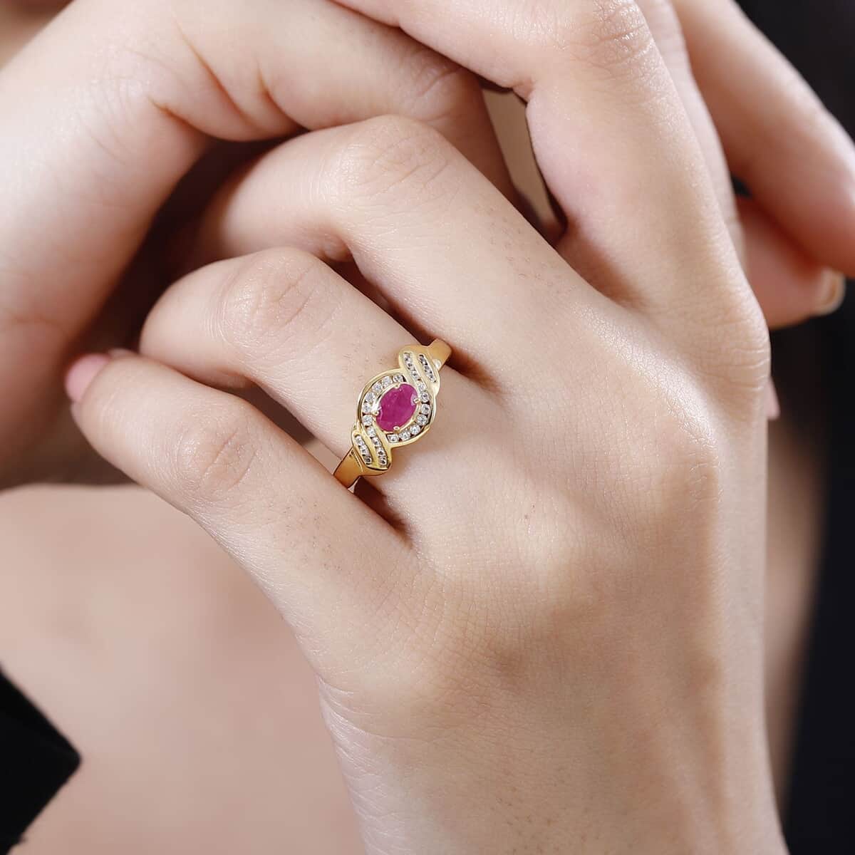 Montepuez Ruby and White Zircon Art Deco Ring in 18K Vermeil Yellow Gold Over Sterling Silver (Size 6.0) 0.90 ctw image number 2