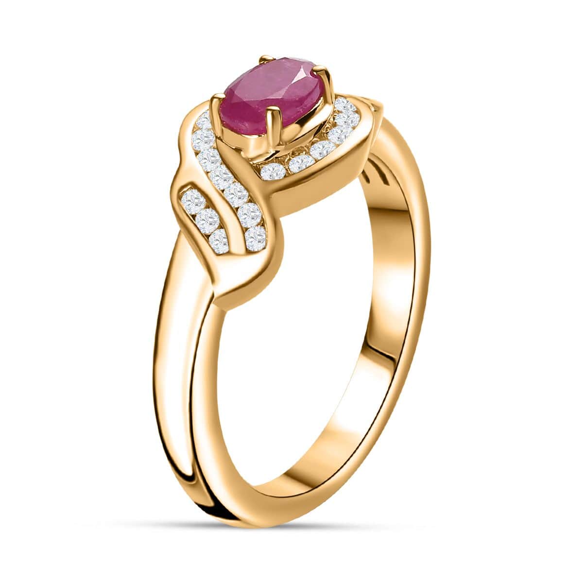 Montepuez Ruby and White Zircon Art Deco Ring in 18K Vermeil Yellow Gold Over Sterling Silver (Size 6.0) 0.90 ctw image number 3