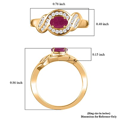Montepuez Ruby and White Zircon Art Deco Ring in 18K Vermeil Yellow Gold Over Sterling Silver (Size 6.0) 0.90 ctw