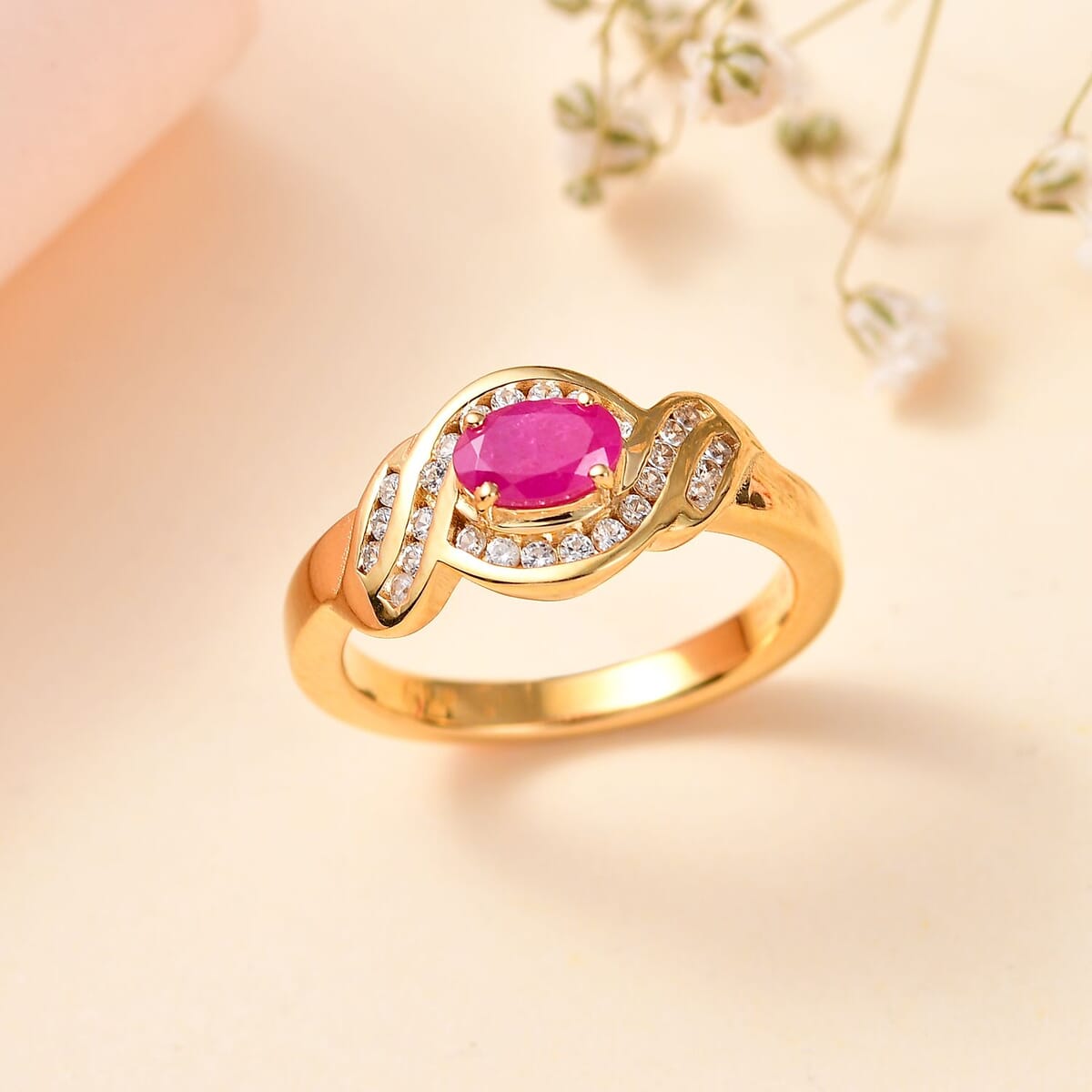 Montepuez Ruby and White Zircon Art Deco Ring in 18K Vermeil Yellow Gold Over Sterling Silver (Size 8.0) 0.90 ctw image number 1