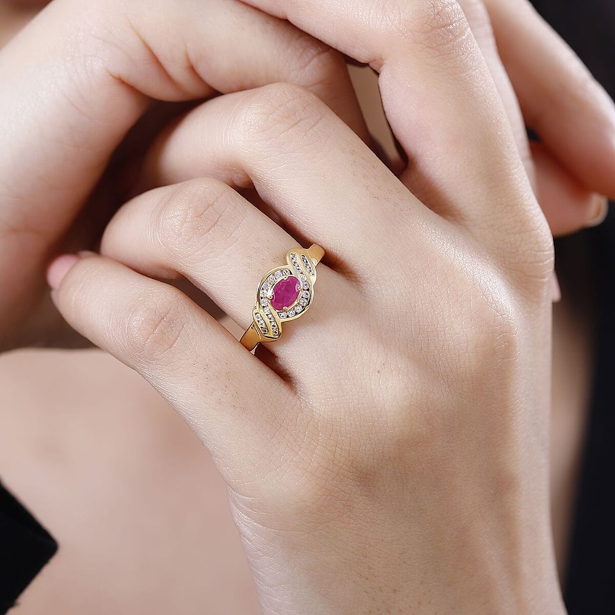 Montepuez Ruby and White Zircon Art Deco Ring in 18K Vermeil Yellow Gold Over Sterling Silver (Size 9.0) 0.90 ctw image number 2