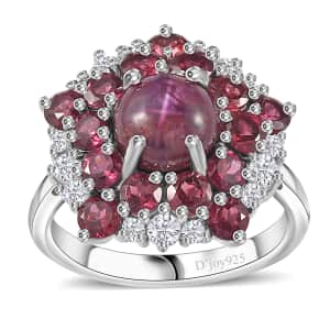 Indian Star Ruby and Multi Gemstone Star Ring in Rhodium Over Sterling Silver (Size 10.0) 7.25 ctw