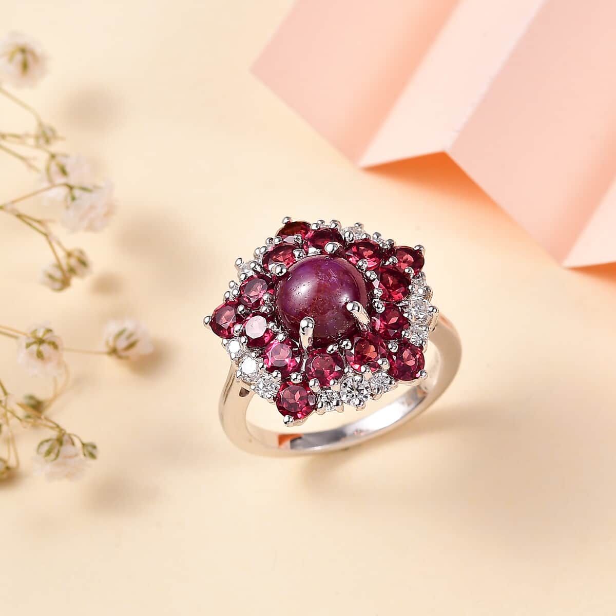 Indian Star Ruby and Multi Gemstone Star Ring in Rhodium Over Sterling Silver (Size 10.0) 7.25 ctw image number 1