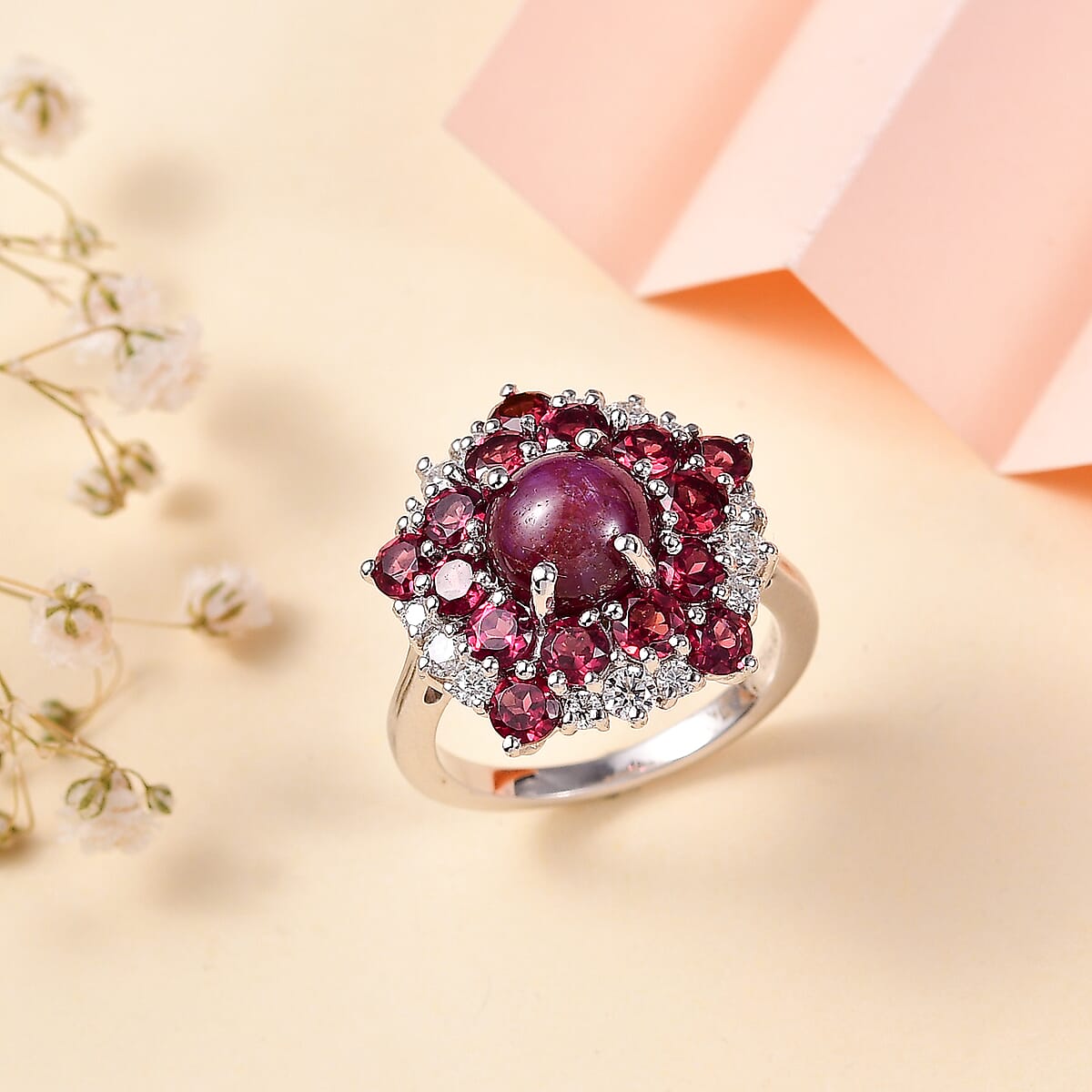 Indian Star Ruby and Multi Gemstone Star Ring in Rhodium Over Sterling Silver (Size 9.0) 7.25 ctw image number 1