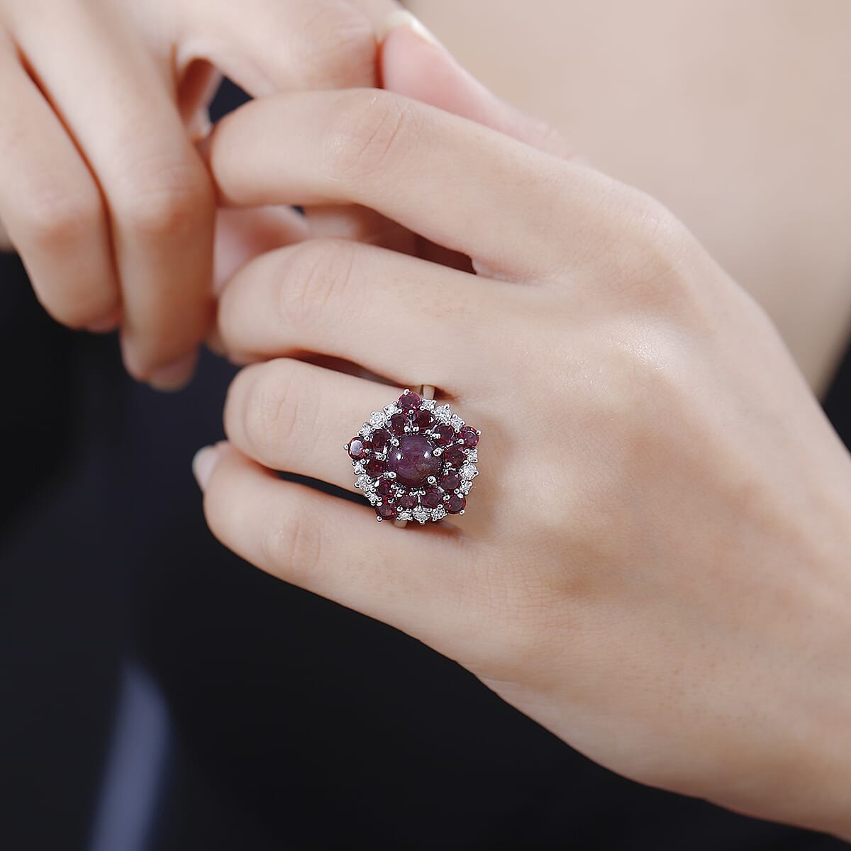 Indian Star Ruby and Multi Gemstone Star Ring in Rhodium Over Sterling Silver (Size 9.0) 7.25 ctw image number 2