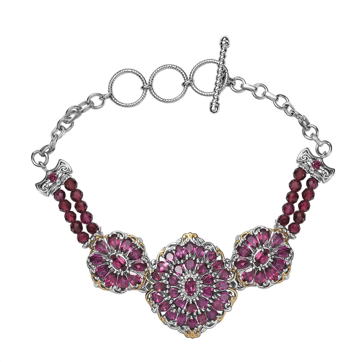 Orissa Rhodolite Garnet Mums Flower Bracelet in 18K Vermeil YG and Rhodium Over Sterling Silver (6.50-8.0In) 19.75 ctw image number 0