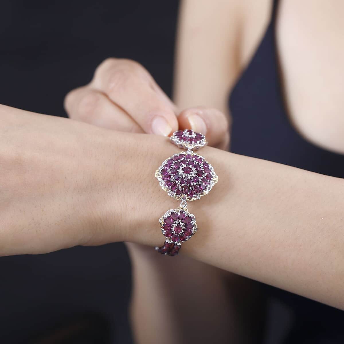 Orissa Rhodolite Garnet Mums Flower Bracelet in 18K Vermeil YG and Rhodium Over Sterling Silver (6.50-8.0In) 19.75 ctw image number 2