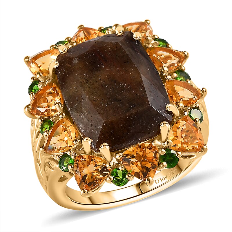 Zawadi Chocolate Sapphire and Multi Gemstone Floral Ring in 18K Vermeil Yellow Gold Over Sterling Silver (Size 10.0) 23.90 ctw