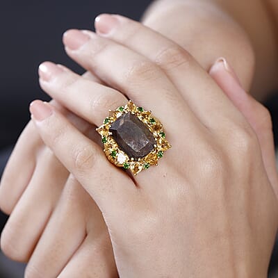 D'Joy Zawadi Chocolate Sapphire and Multi Gemstone Floral Ring in 18K Vermeil Yellow Gold Over Sterling Silver (Size 8.0) 23.90 ctw
