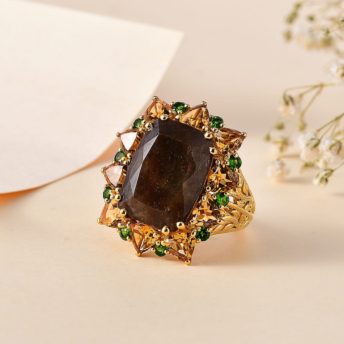 D'Joy Zawadi Chocolate Sapphire and Multi Gemstone Floral Ring in 18K Vermeil Yellow Gold Over Sterling Silver (Size 9.0) 23.90 ctw image number 1