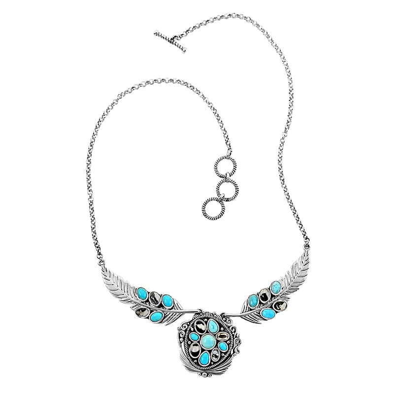 D'Joy Artisan Crafted Sleeping Beauty Turquoise and White Buffalo Feather Necklace 18-20 Inches in Sterling Silver 8.15 ctw
