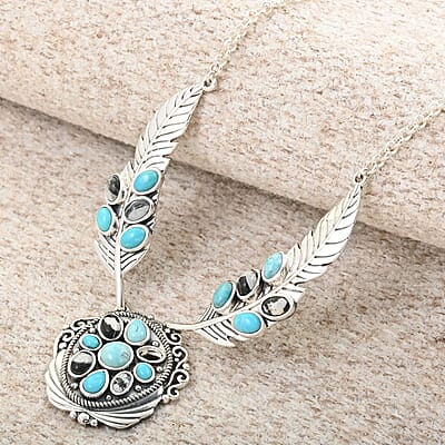 D'Joy Artisan Crafted Sleeping Beauty Turquoise and White Buffalo Feather Necklace 18-20 Inches in Sterling Silver 8.15 ctw